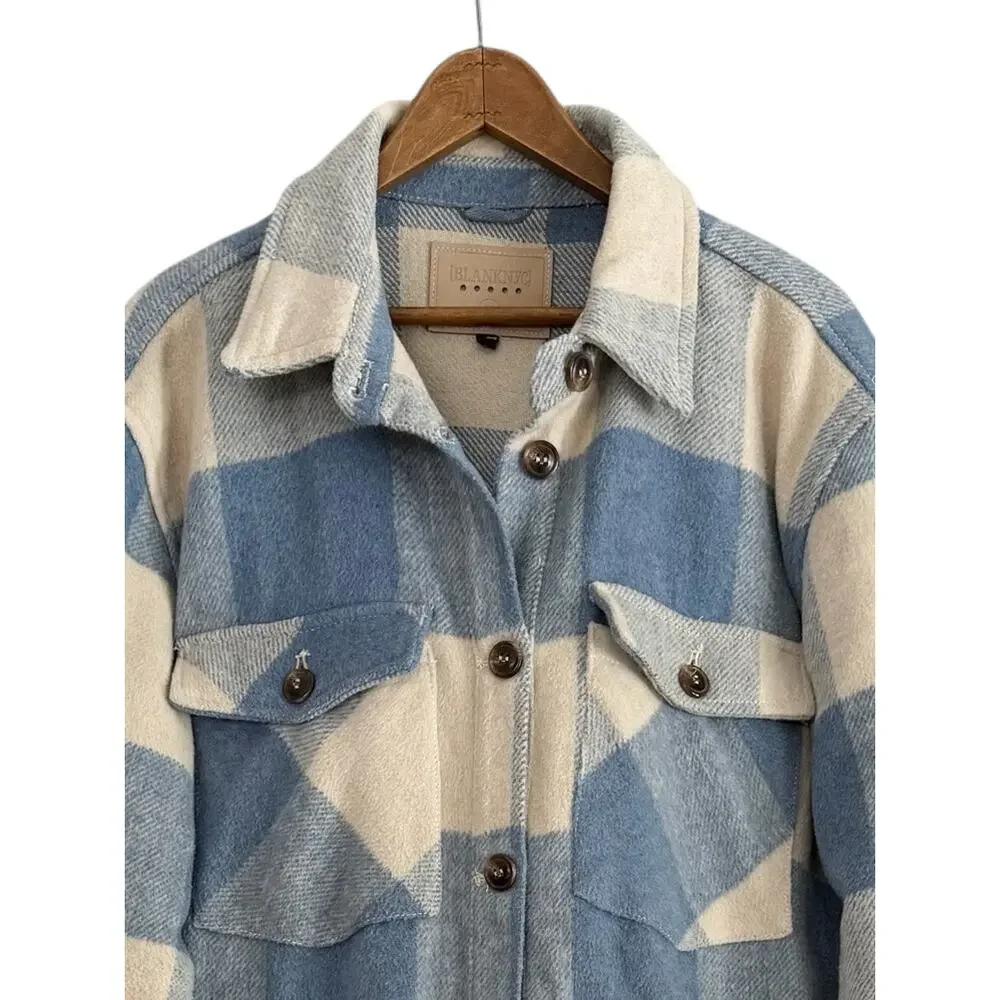 BlankNYC Medium Blue & Ivory Plaid Shacket Longline Button Front Jacket Coat